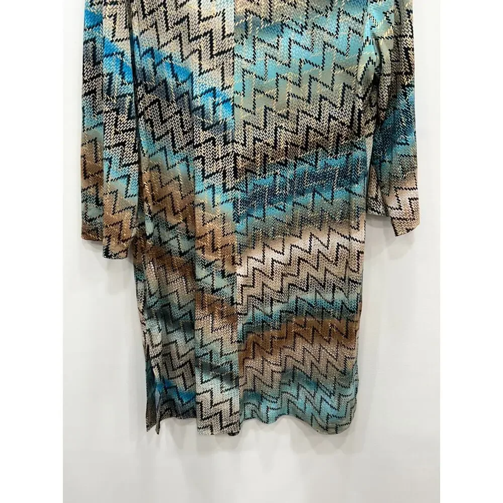 Chicos‎ Travelers Womens Chevron Blue Brown Duster Size L Lagenlook Artsy